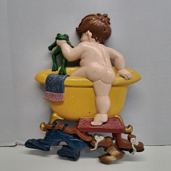 Other - Vintage 1970 Sexton Cast Metal Child In Tub with Frog Wall Art Plaque